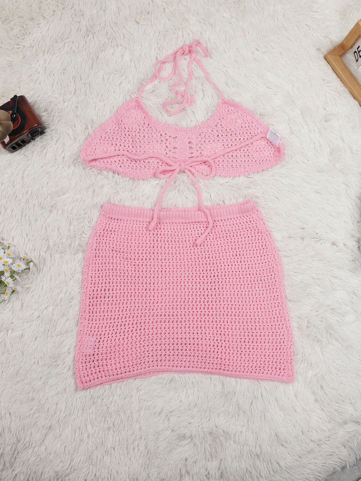 Women's Light Pink Crochet Knit Two-Piece Set with White Flower Appliqu¨¦s