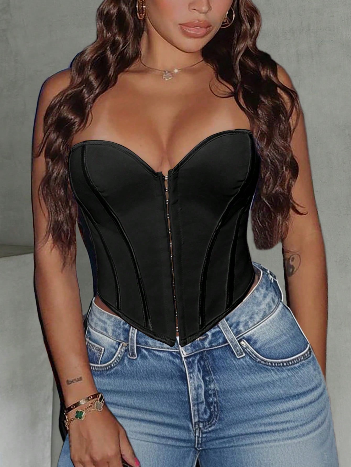 Women's Black Lace-Up Boned Corset Bustier