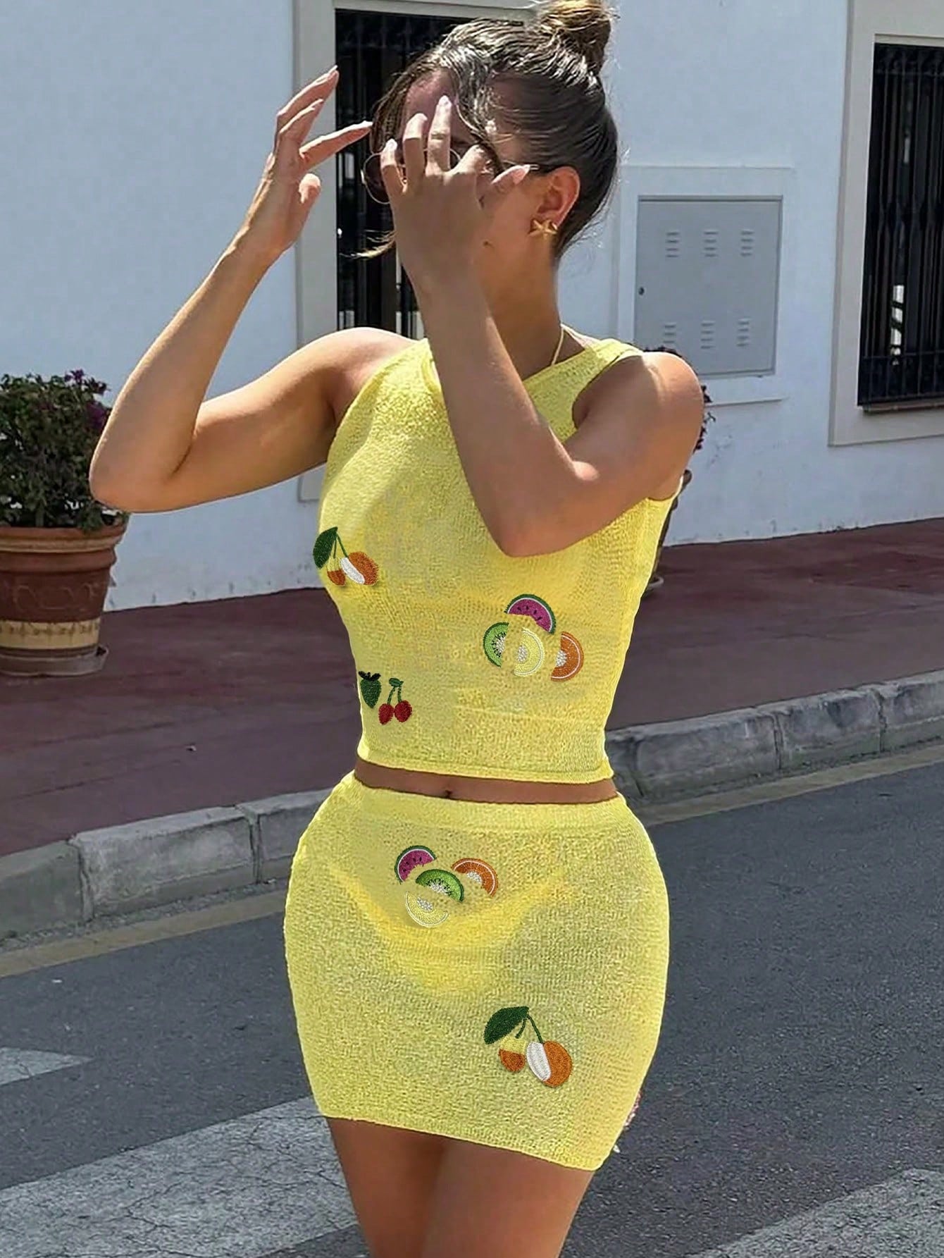 Women's Yellow Ribbed Knit Henley Top with Button Placket