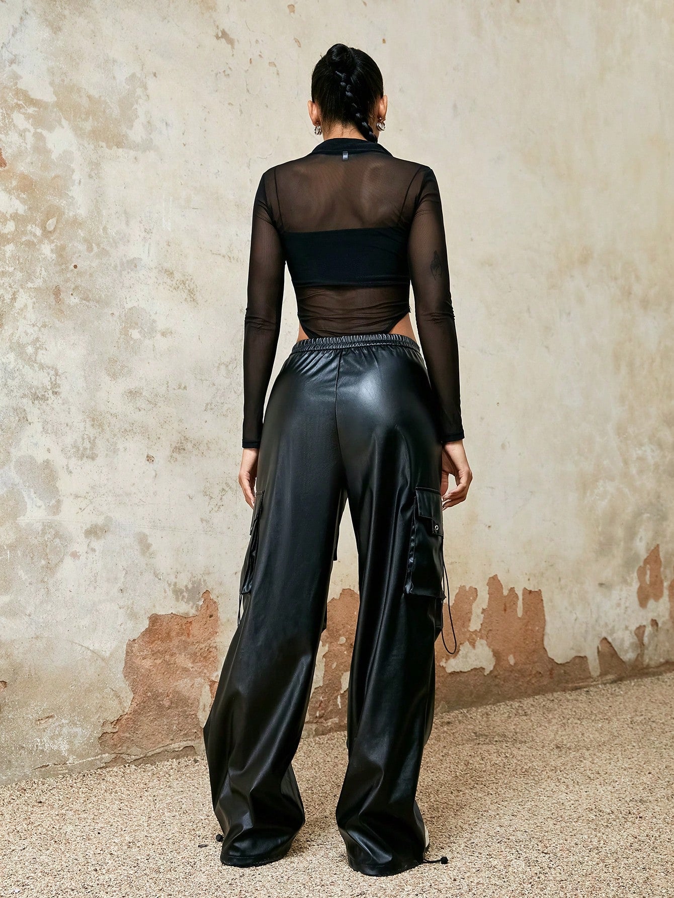 Women's Black PU Leather High Waisted Cargo Pants Wide Leg Faux Leather Trousers