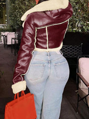 Women's Burgundy Faux Leather Shearling Cropped Coat, Edgy Aviator Style Winter Coat with Sherpa Lining