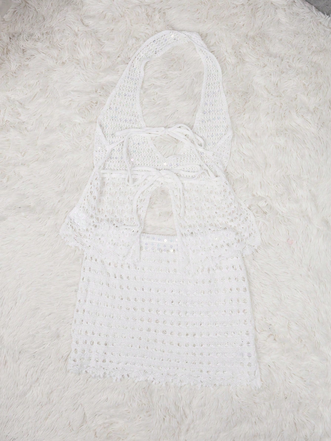 Women's White Lace Crochet Two-Piece Halter Top and Mini Skirt Set