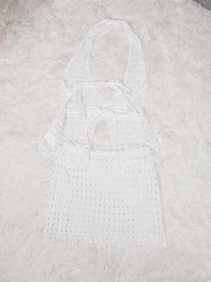 Women's White Lace Crochet Two-Piece Halter Top and Mini Skirt Set
