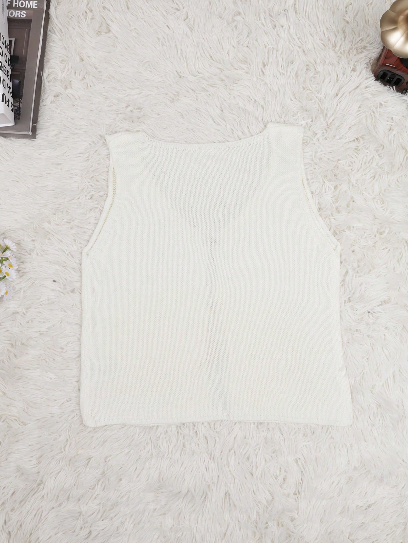 Women's White Acrylic V-Neck Sleeveless Open Front Knit Vest