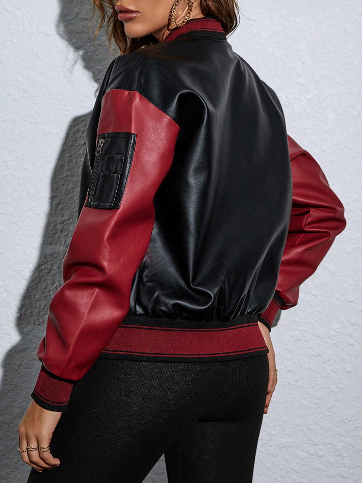 Women's Apperloth Women PU Leather Color Block Bomber Jacket
