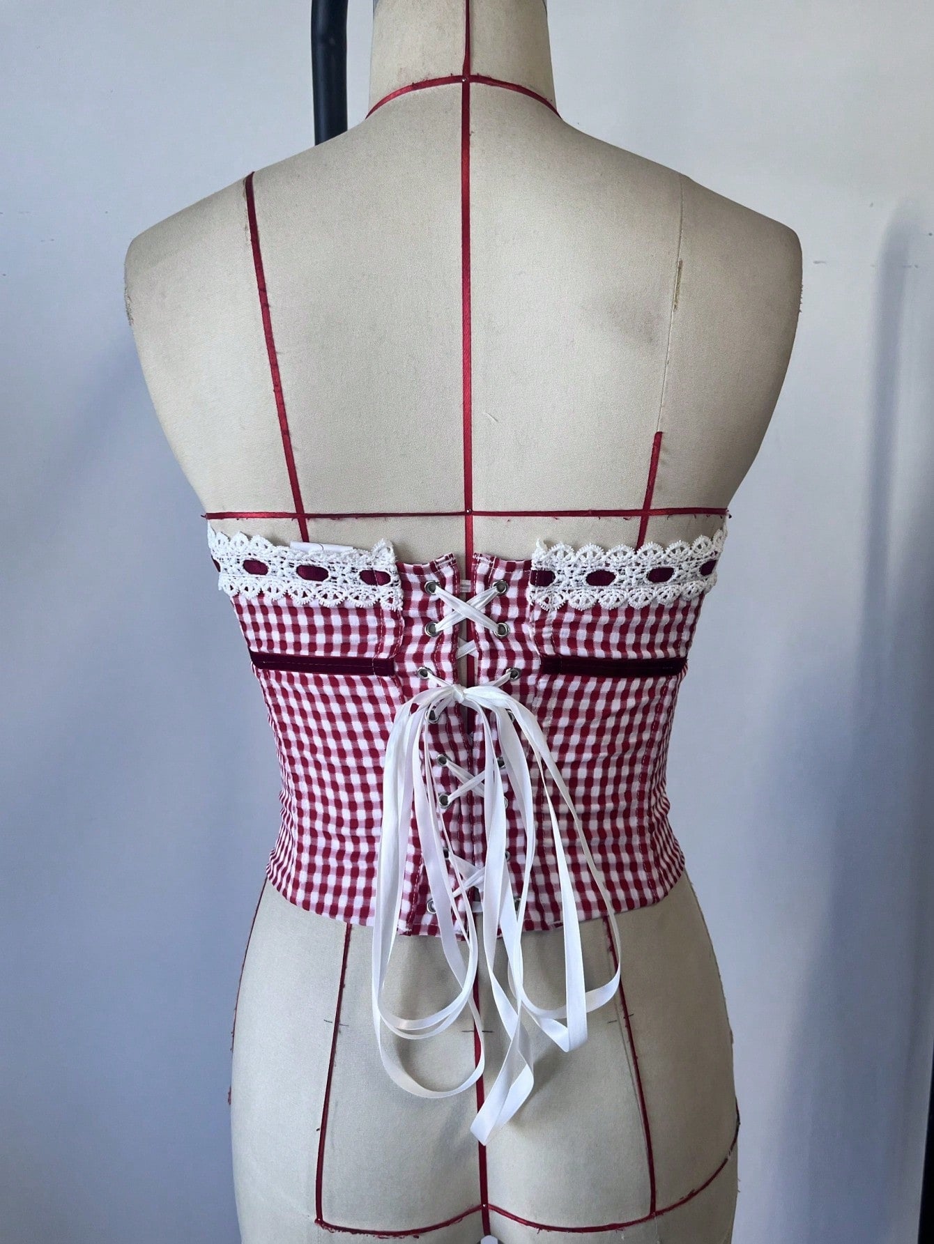 Women's Festive Red and White Gingham Corset Top with Lace Trim
