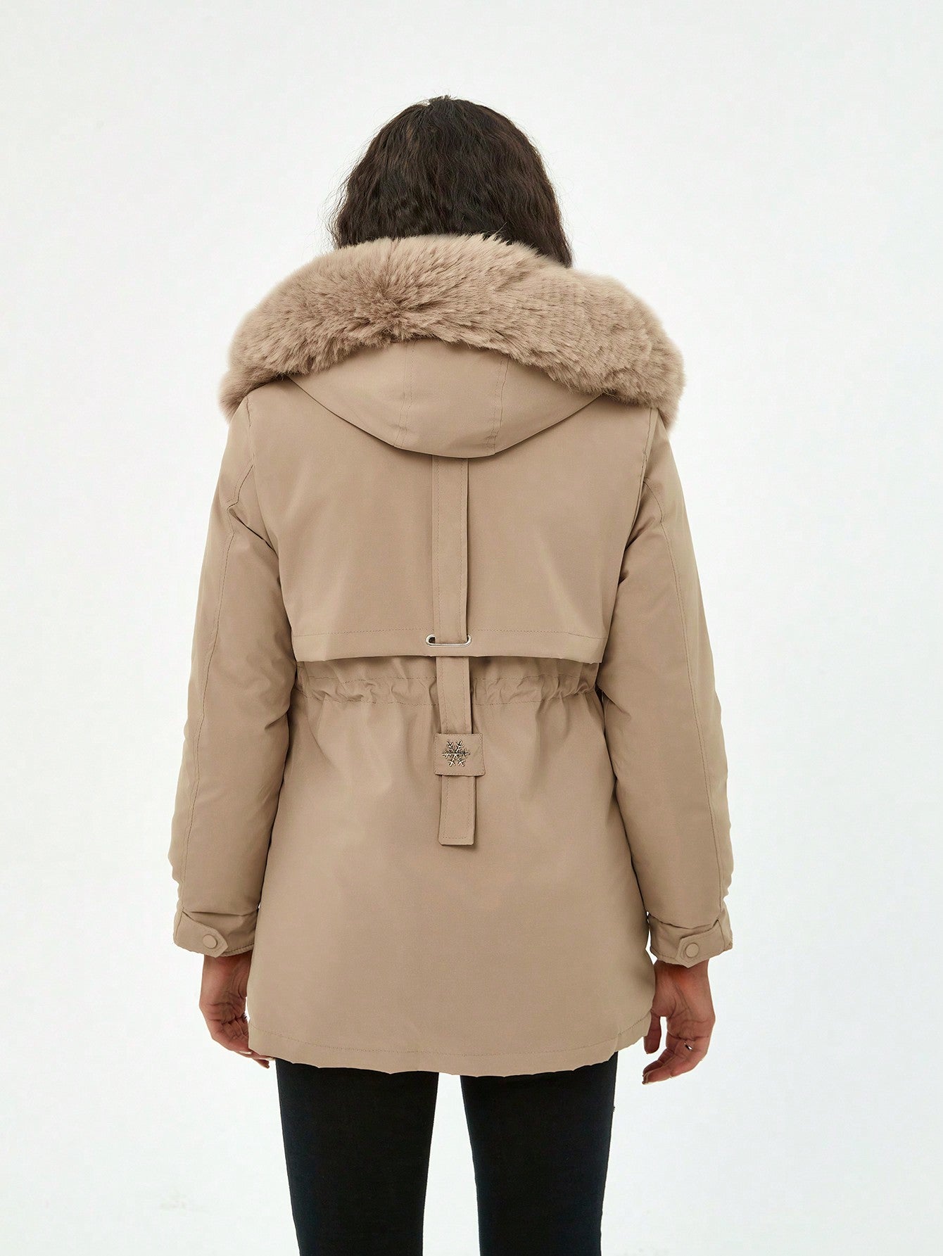 Women's khaki Faux Fur Hooded Puffer Jacket, Casual Warm Winter Outerwear with Trendy Design