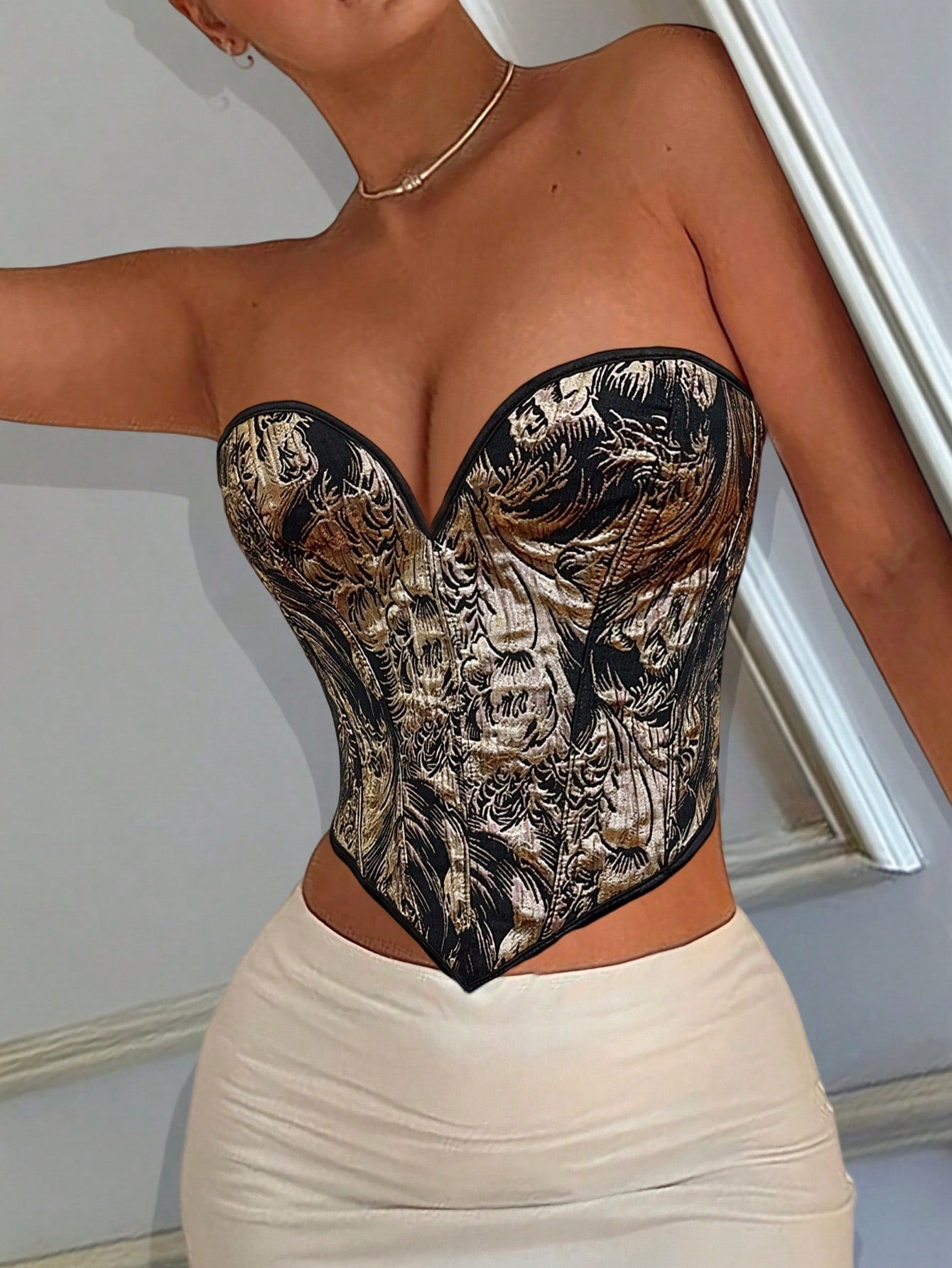 Women's Luxury Women's Gold Brocade Strapless Corset Top Vintage Bustier