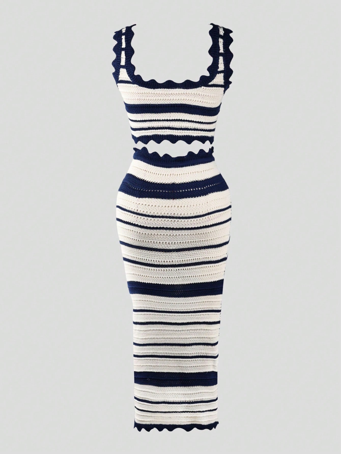 Women's Navy Blue Knit Two-piece knit set with striped pattern