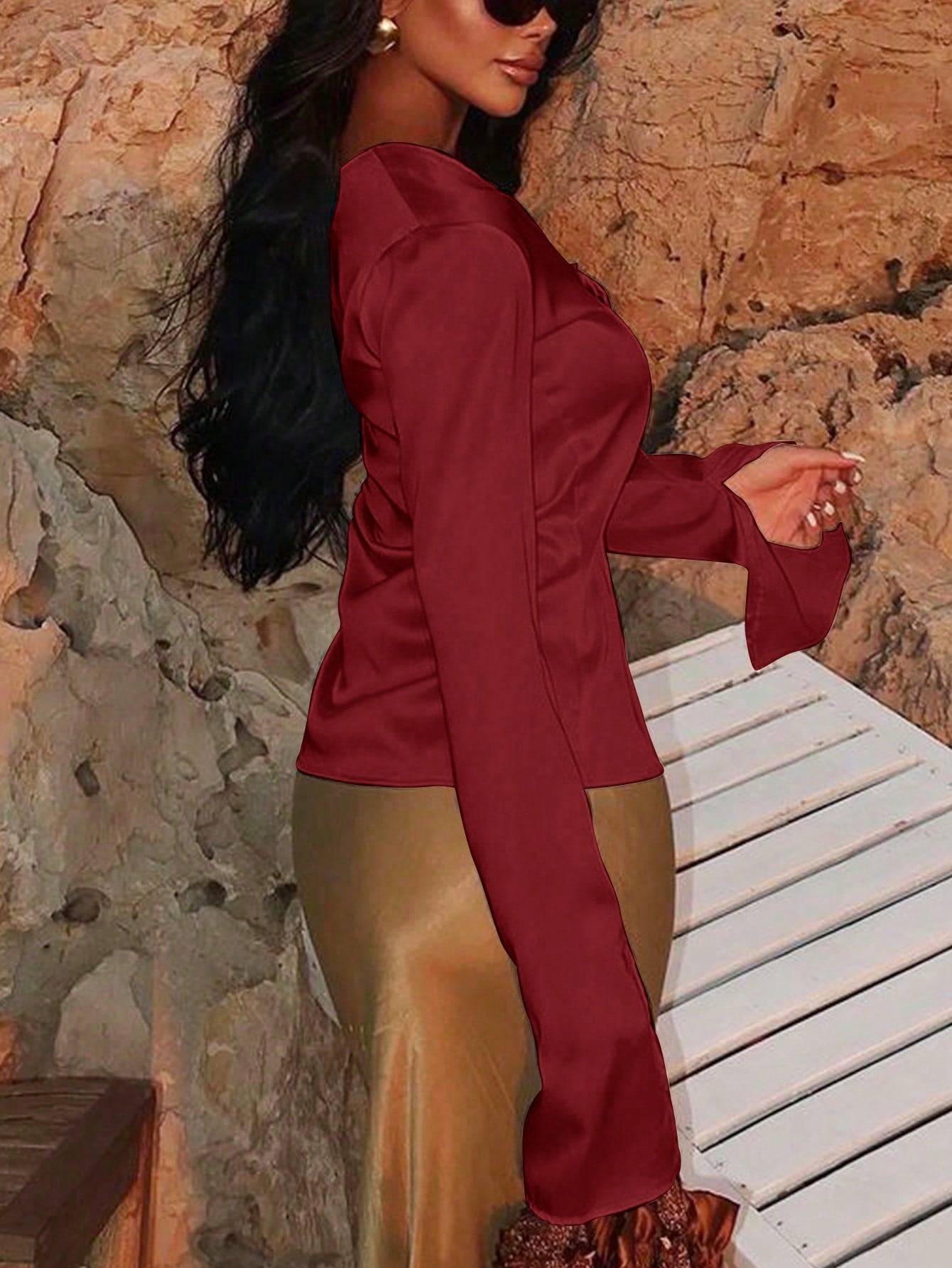 Women's Red Satin Tie-Front Long-Sleeve Blouse - Elegant Casual & Night-Out Dressy Top