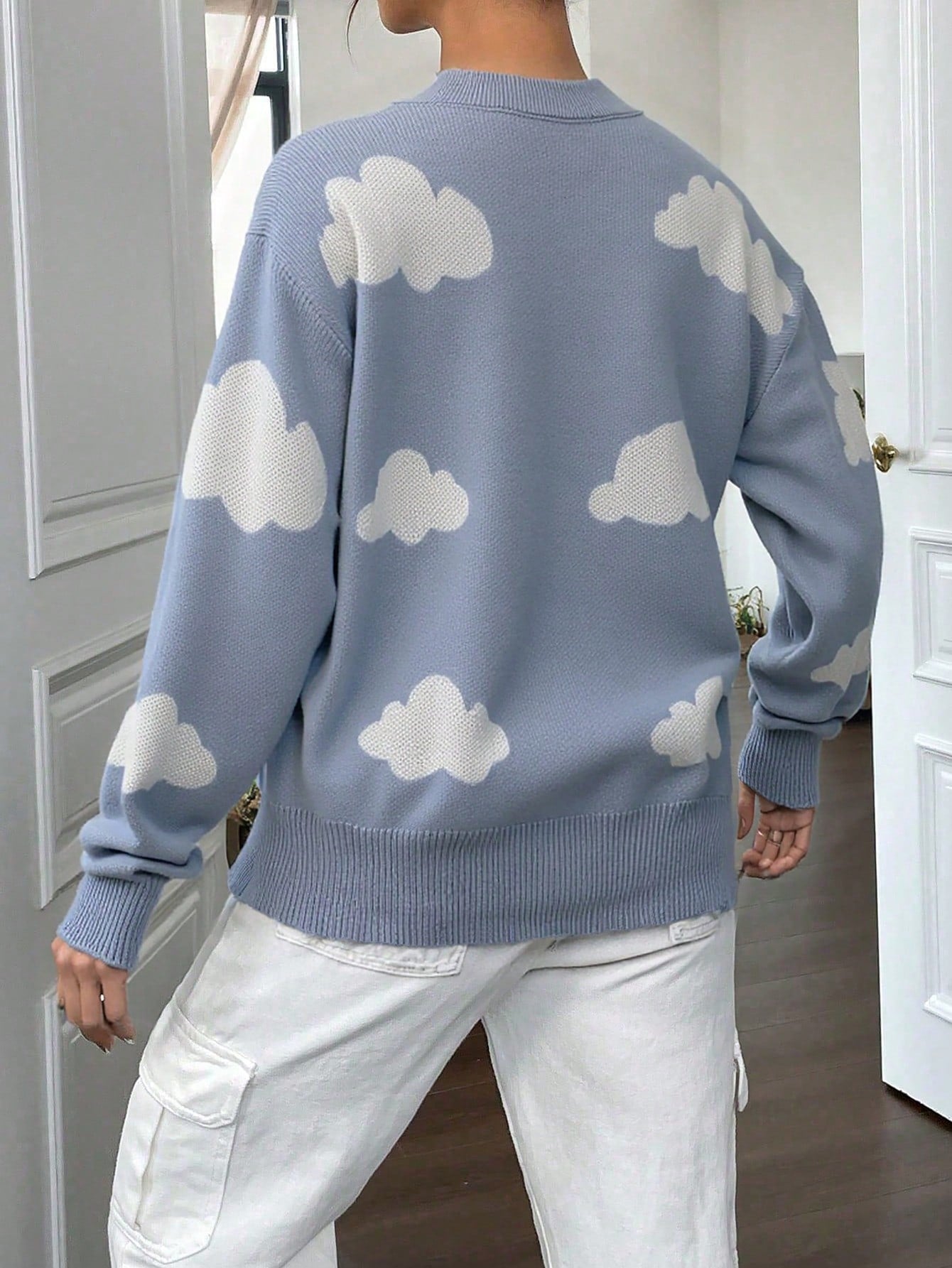 Women's Light Blue Cloud-Patterned Cardigan, Casual Oversized Knitted Jacket for Spring & Autumn