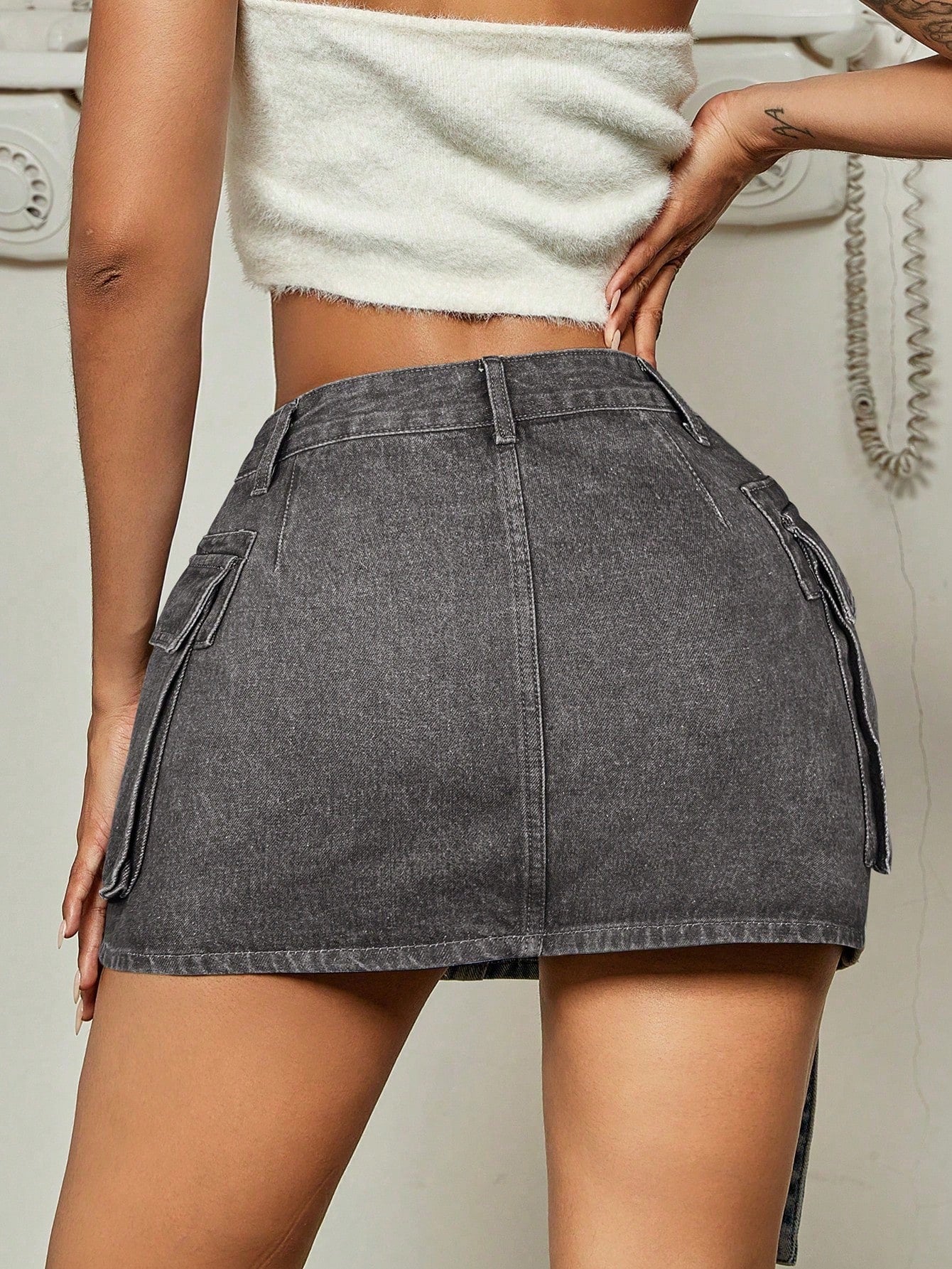 Women's Apperloth Grey Denim Mini Skirt Sexy Cargo Style Short Skirt with Straps