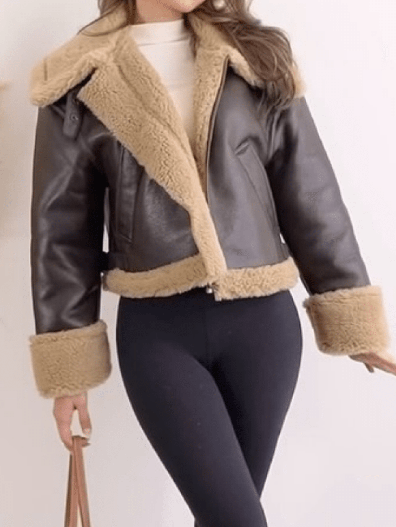 Women's Black PU Leather Aviator Jacket Faux Fur Lined Cropped Winter Coat