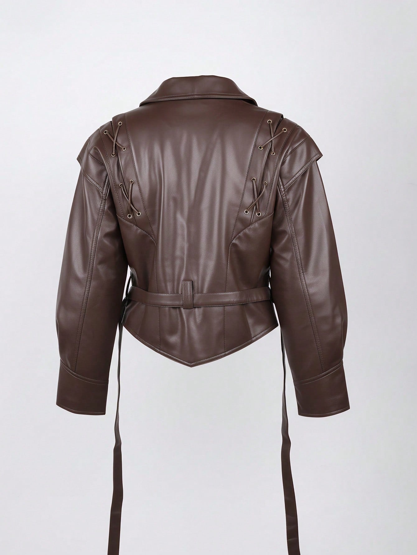 Women's Sleek Brown PU Leather Moto Jacket with Lace-Up Shoulder Detail