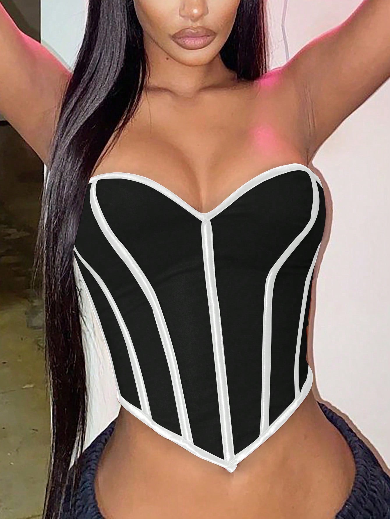 Women's Women Sexy Black and White Satin Corset Top Heart Neck Boned
