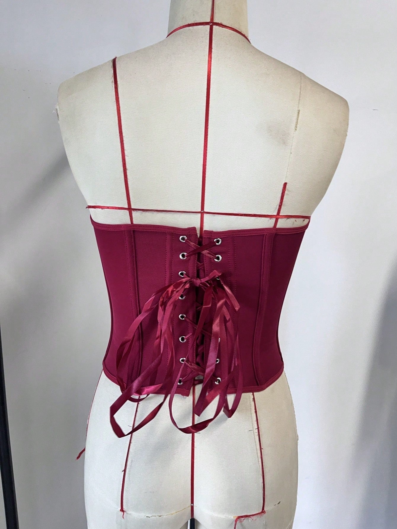 Women's Burgundy Check Plaid Strapless Corset Bustier