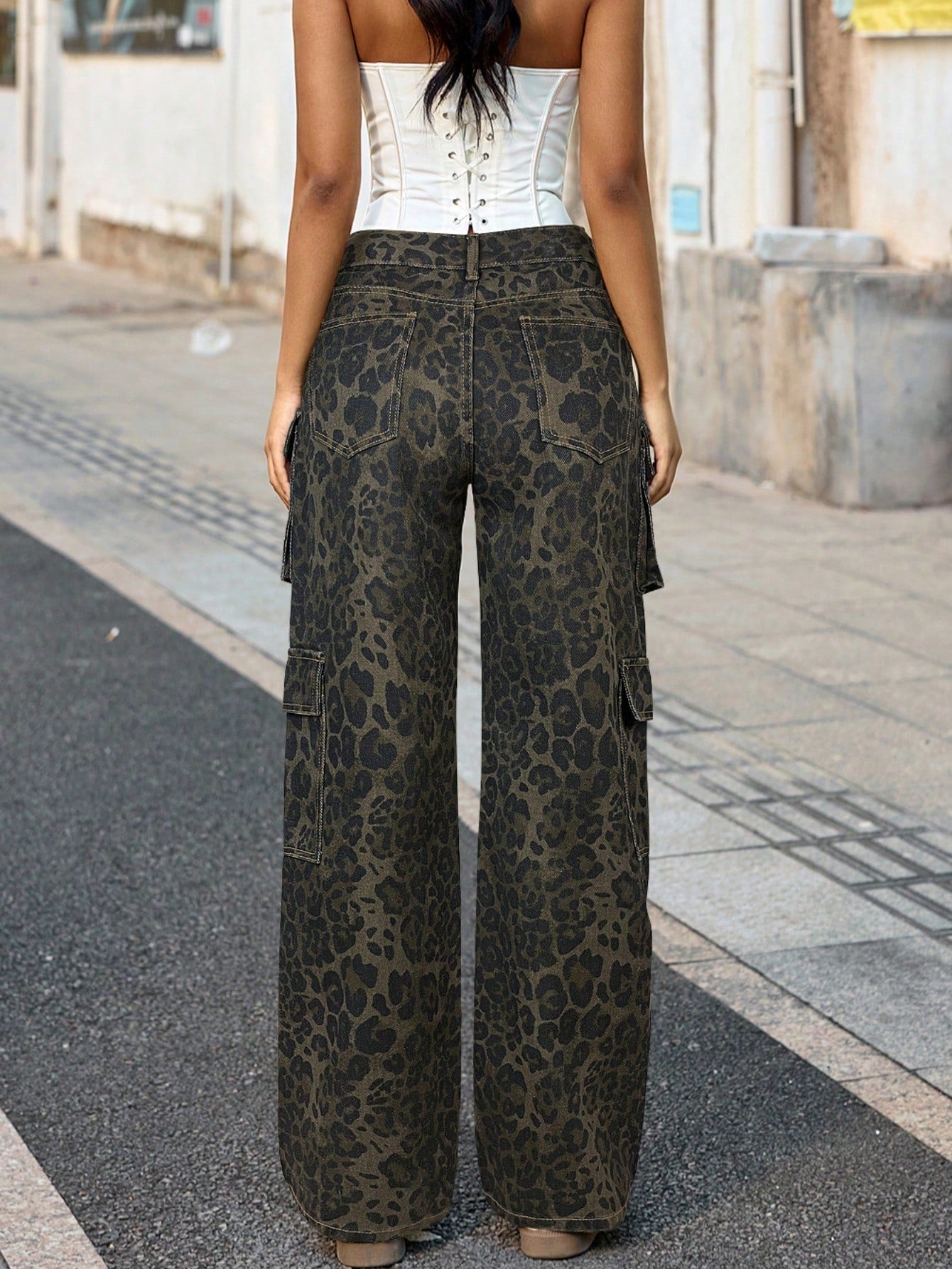 Women's Olive Leopard Print Wide Leg Cargo Pants