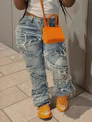 Plus Size Women's Distressed Baggy Denim Jeans | Vintage Wash Oversized Streetwear Jeans with Cargo Details