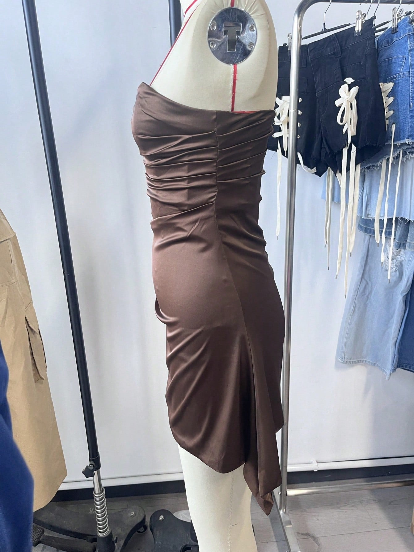 Women's Modern Dark Coffee Satin Ruched Mini Dress with Cami Straps