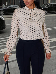 Women's Vintage Polka Dot Shirt, Lantern Sleeve Round Neck Lightweight Blouse for Office & Casual