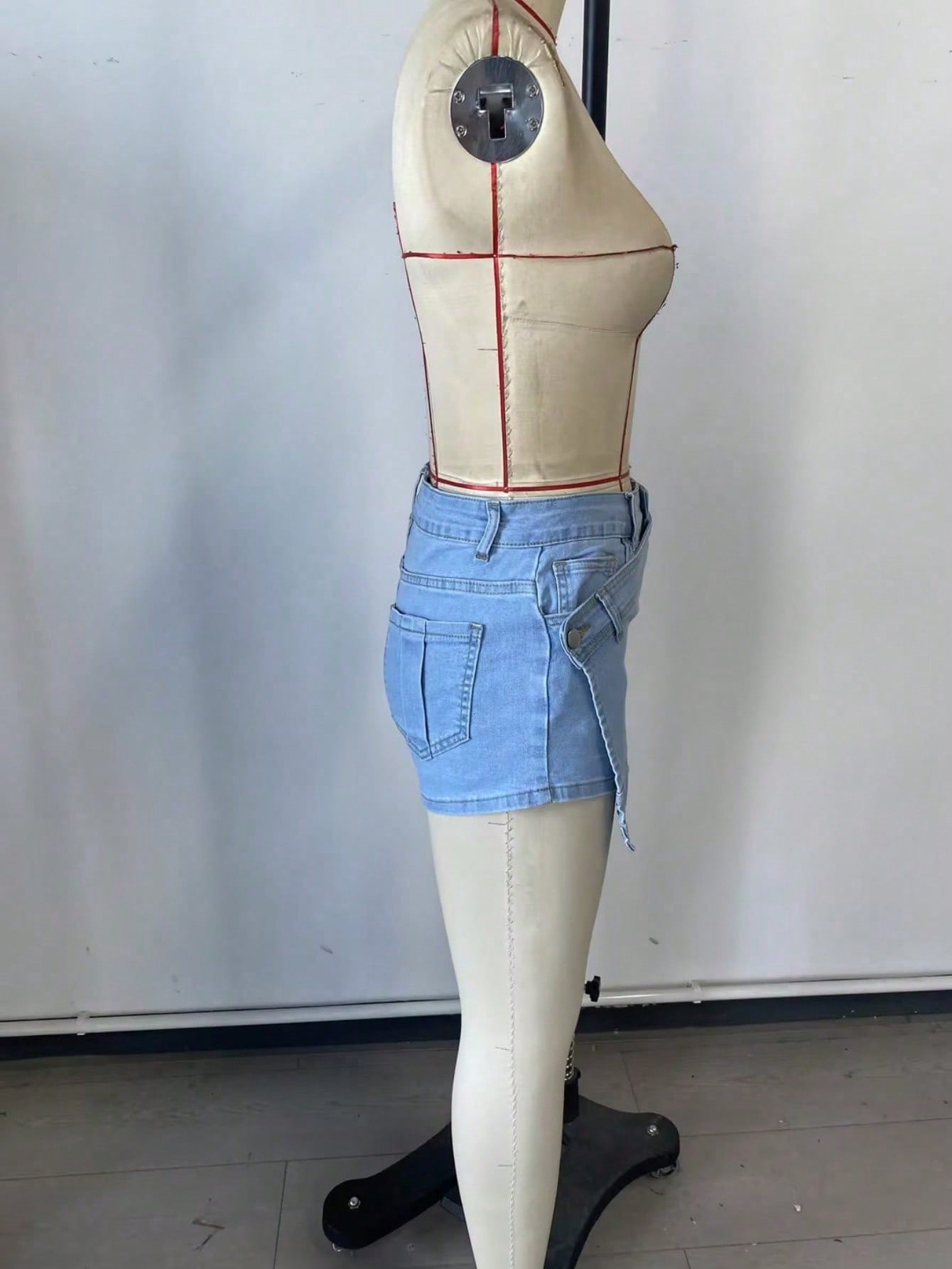 Women's Light Blue Double Waistband Asymmetric Denim Skort