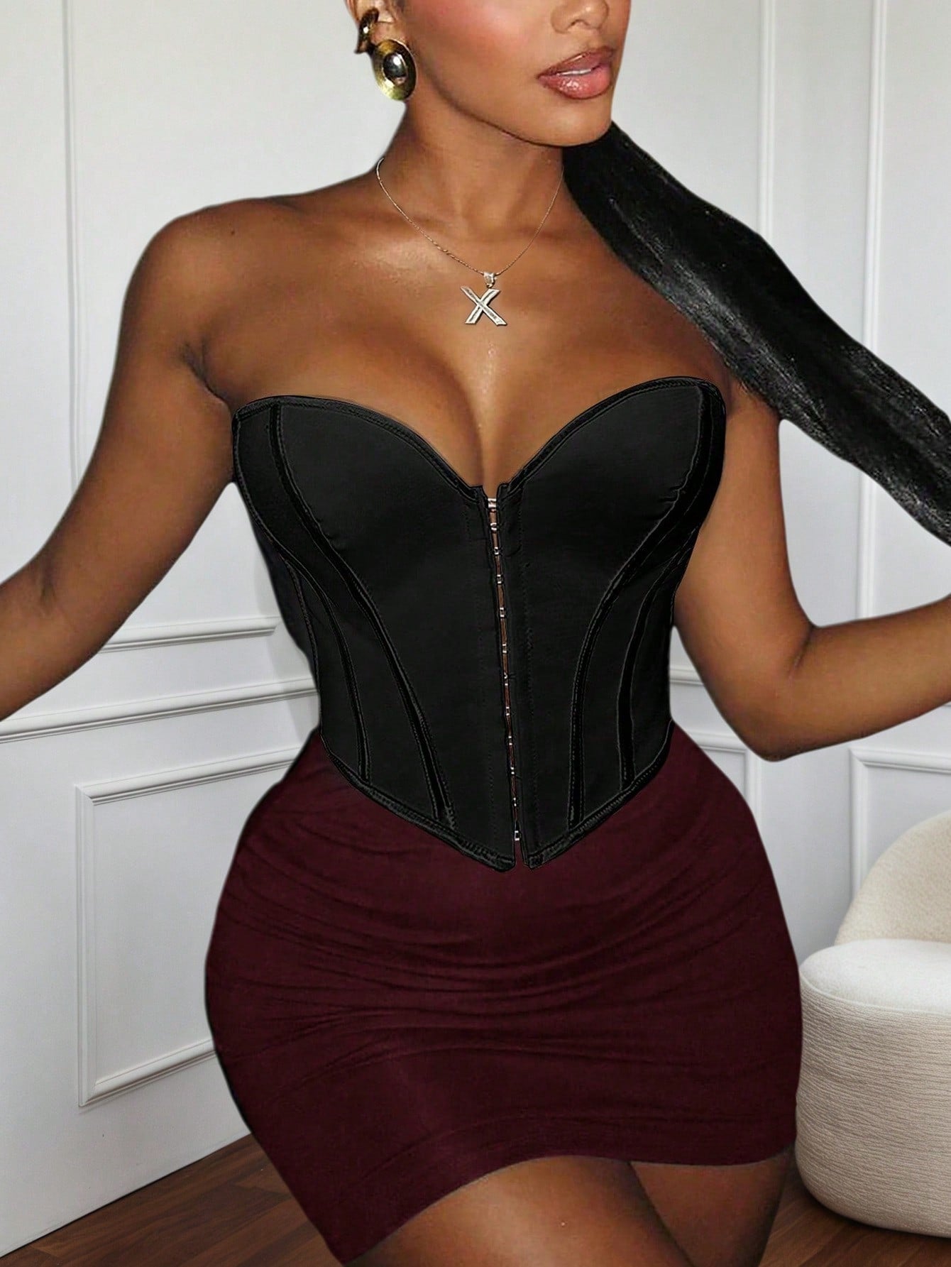 Women's Classic Black Boned Corset Top with Hook and Eye Closure