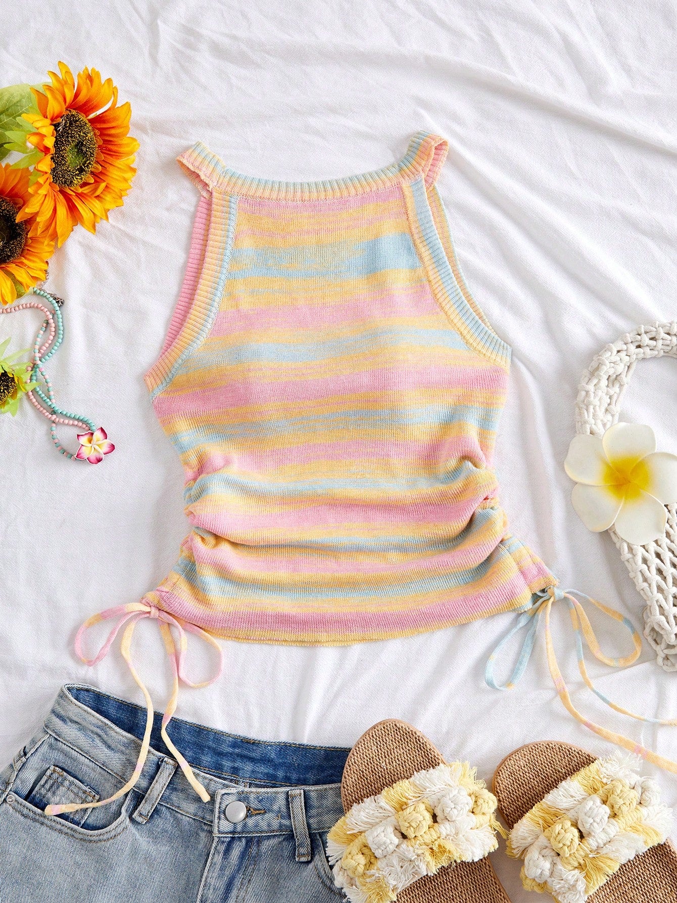 Women's Multi-Color Striped Knit Sleeveless Tank Top with Side Drawstring