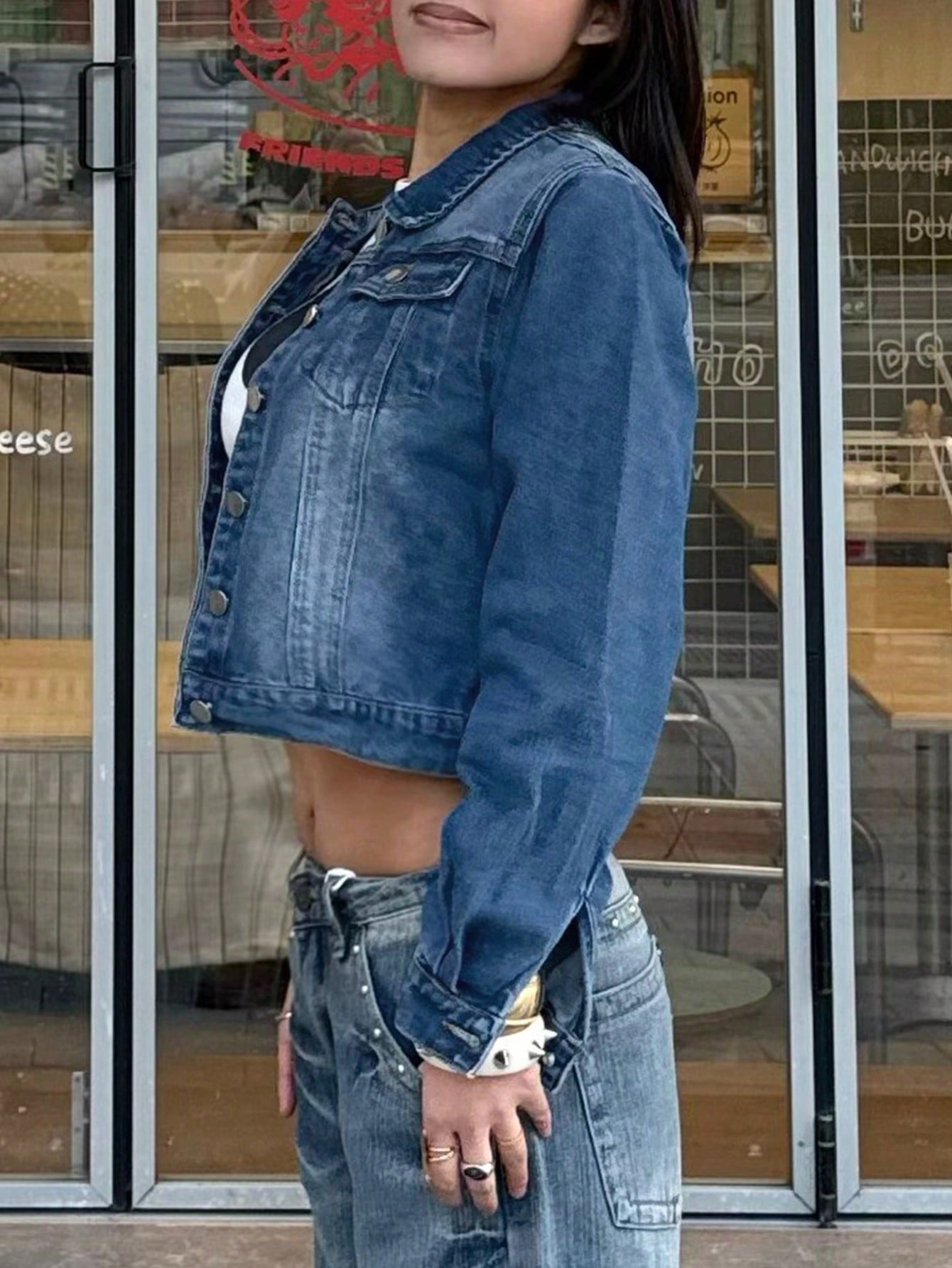 Women's Blue Cotton-Blend Cropped Denim Jacket with Button-Down Front