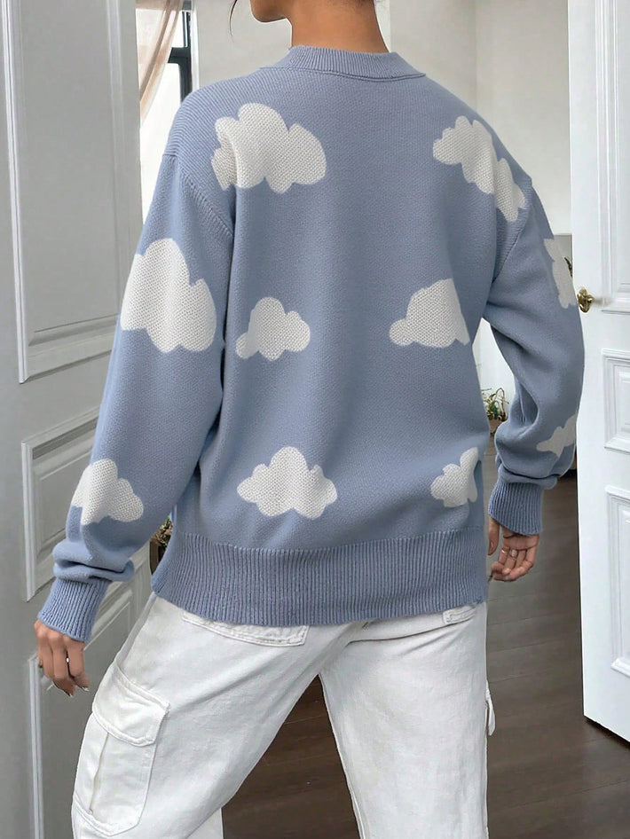 Women's Cute Women's Cloud Pattern Knit Cardigan Sweater