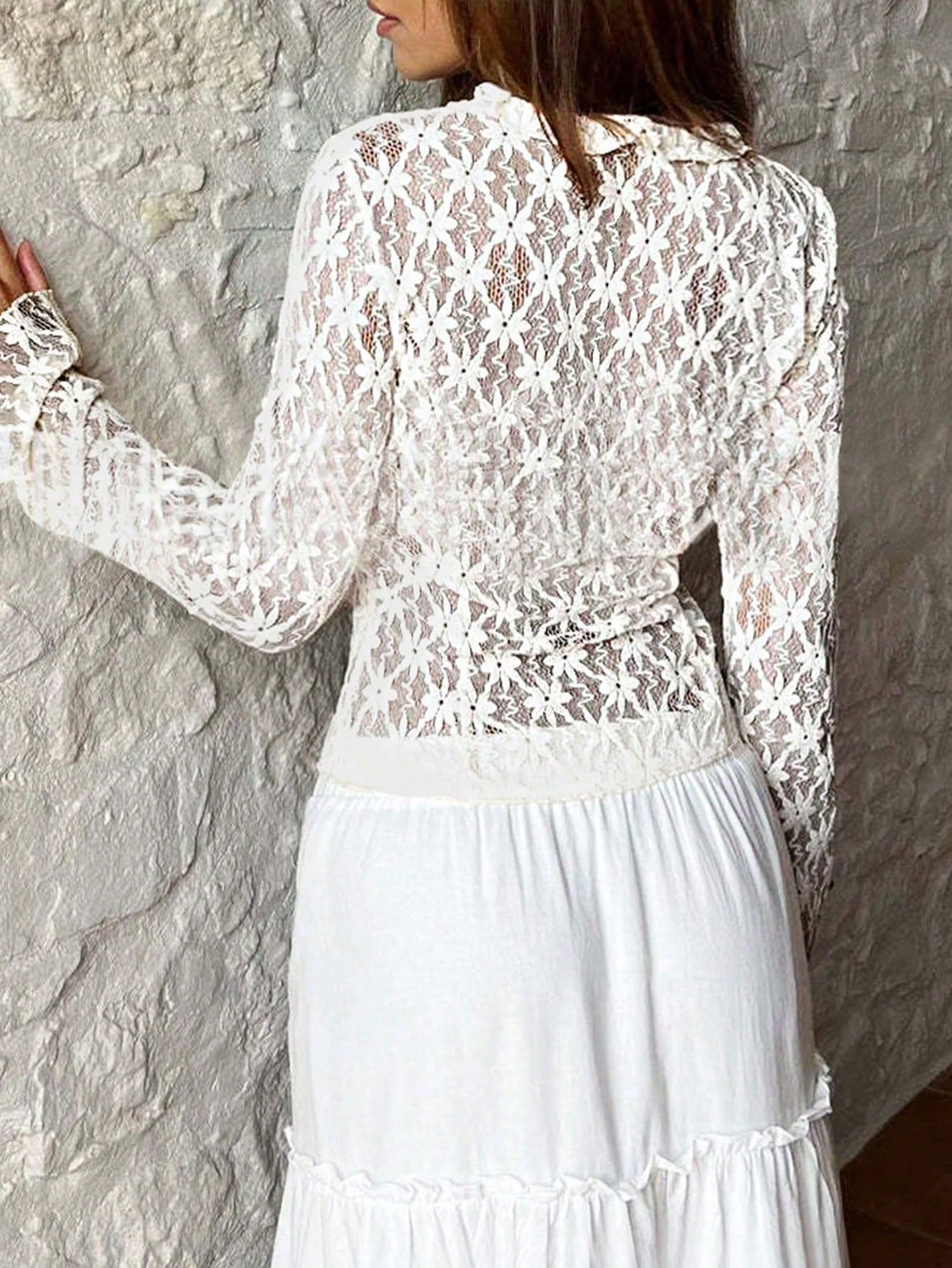 Women's Women Sexy White Lace Tie Front Cardigan Long Sleeve Flare Top