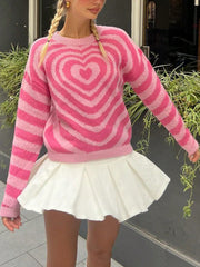 Women's Pink Chevron Fuzzy Sweater, Sweet Streetwear Knitted Pullover with Bold Pattern