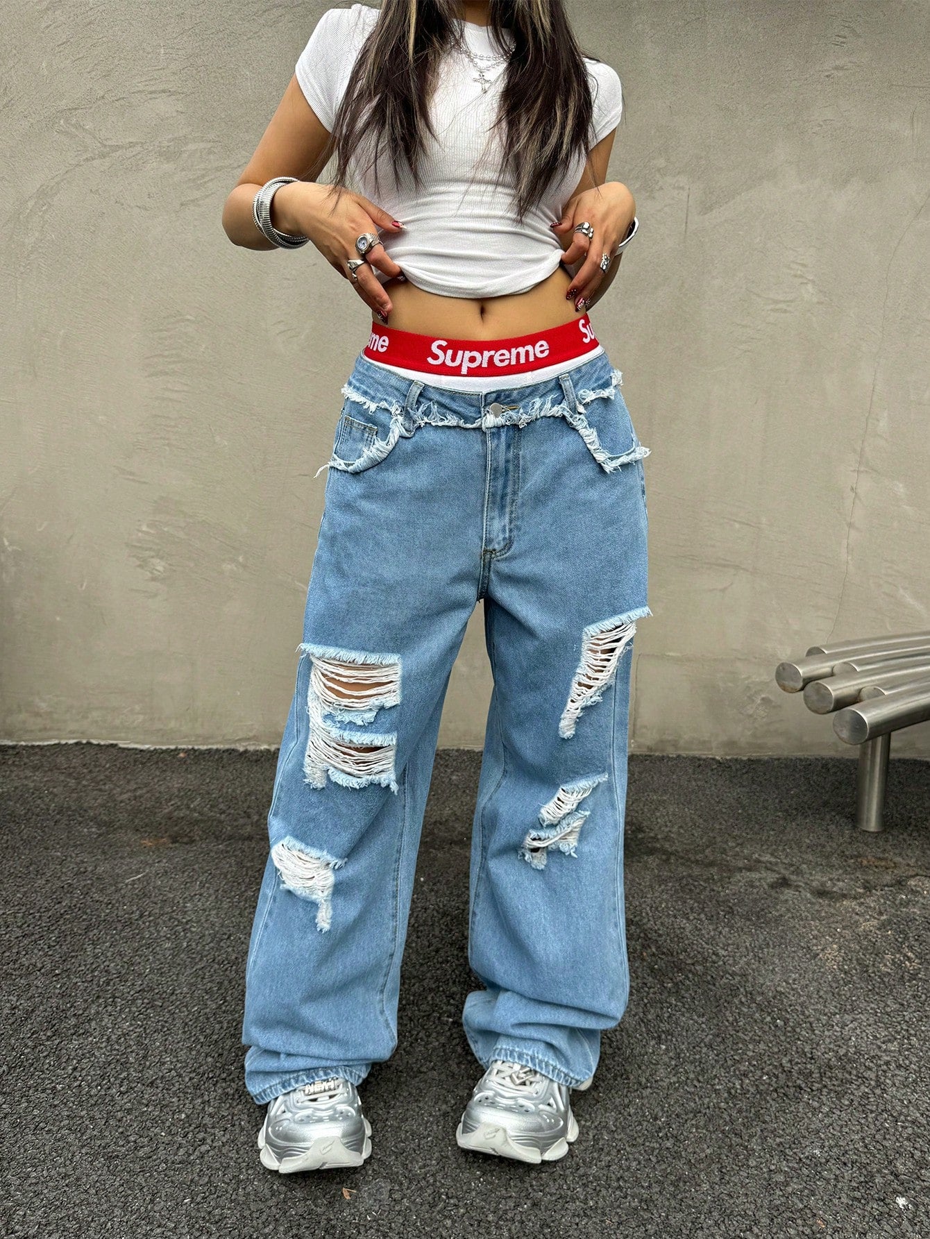Women's Light Blue Supreme Waistband Wide-Leg Distressed Jeans