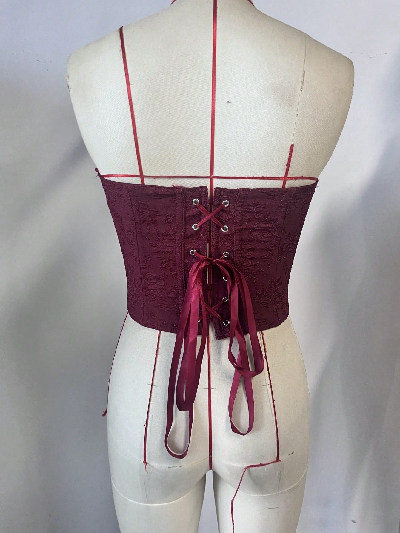 Women's Burgundy Floral Jacquard Lace-Up Corset Bustier