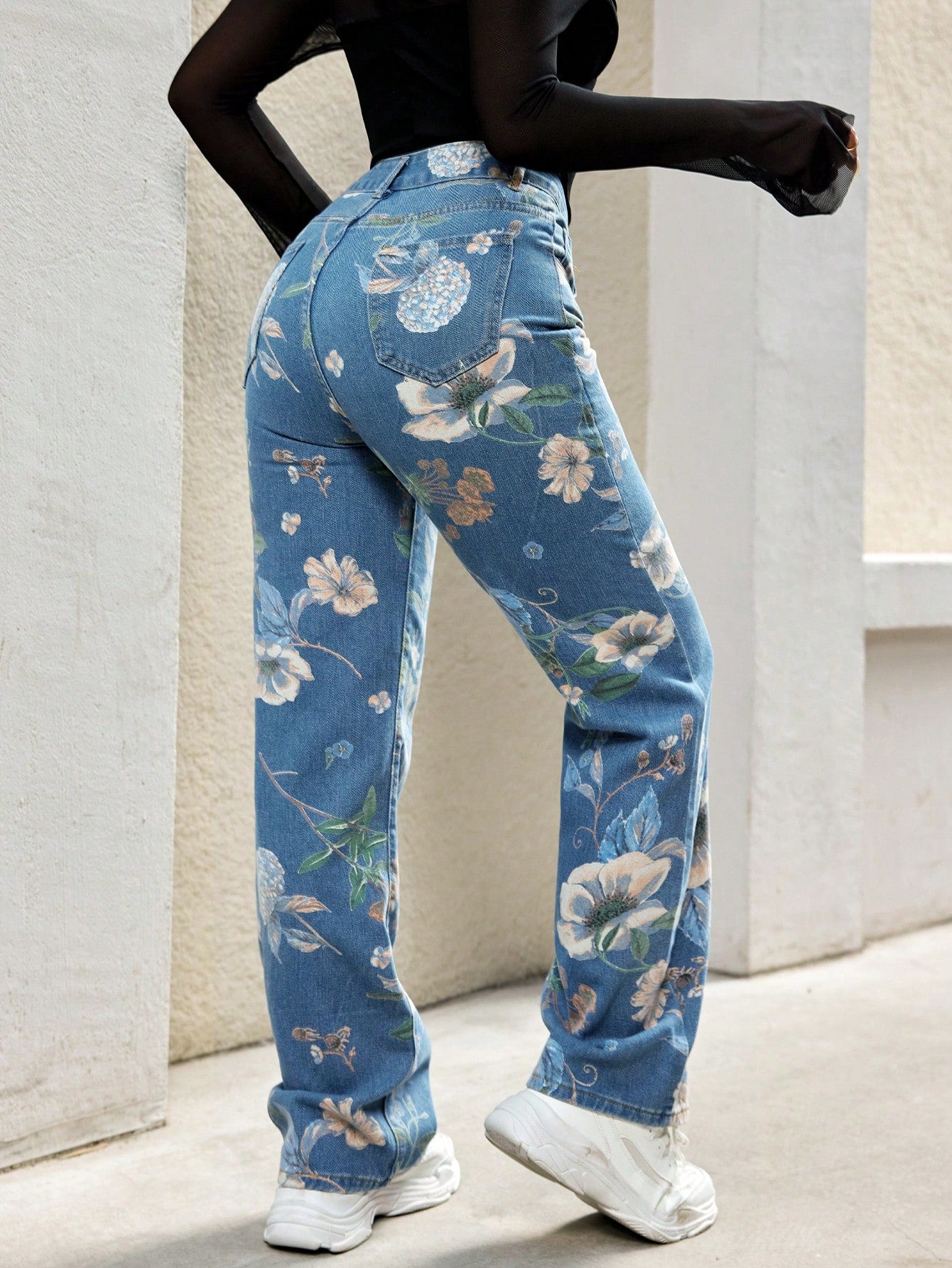 Women's Floral Print Wide-Leg Denim Jeans | Y2K Aesthetic Loose Casual Baggy Denim Pants