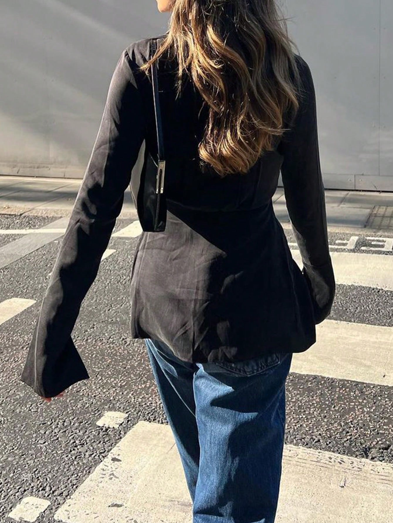 Women's Black Satin Tie-Front Long Sleeve Top with V-Neck