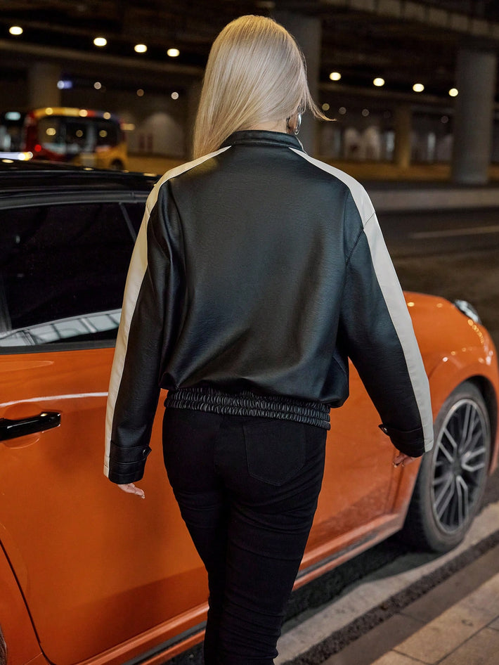 Women's Contrast Trim Faux Leather Bomber Jacket