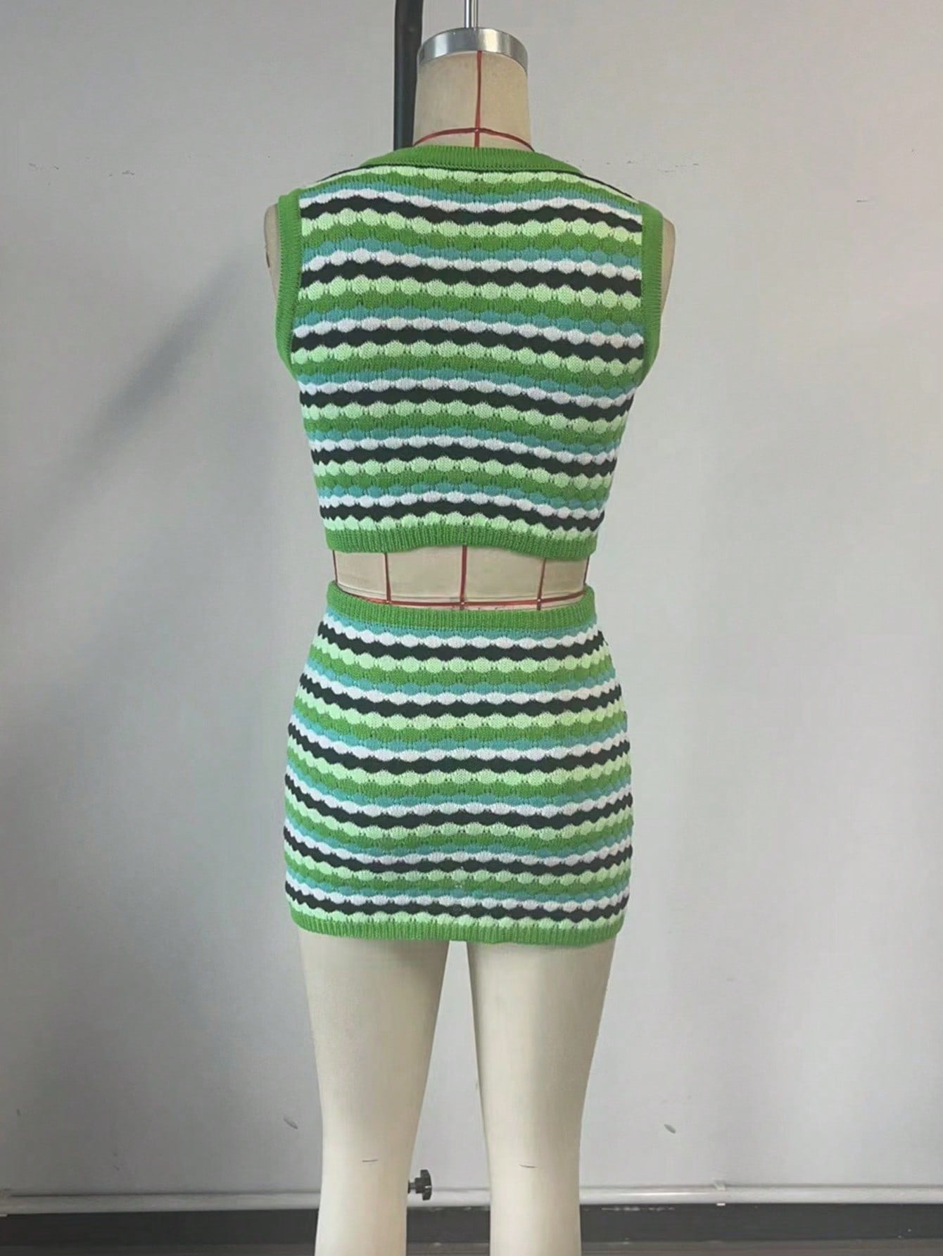 Women's Green Knit Two-piece knit set with striped pattern