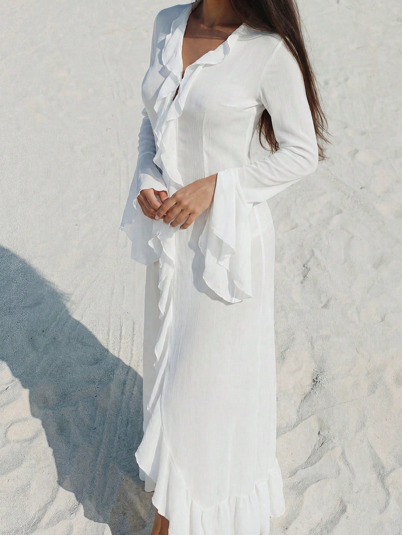 Women's White Polyester Blend Ruffle Sleeve Mini Dress with Square Neck
