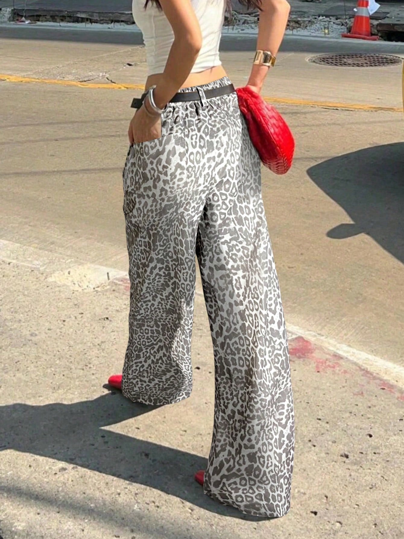 Women's Leopard Print Wide-Leg Cargo Pants