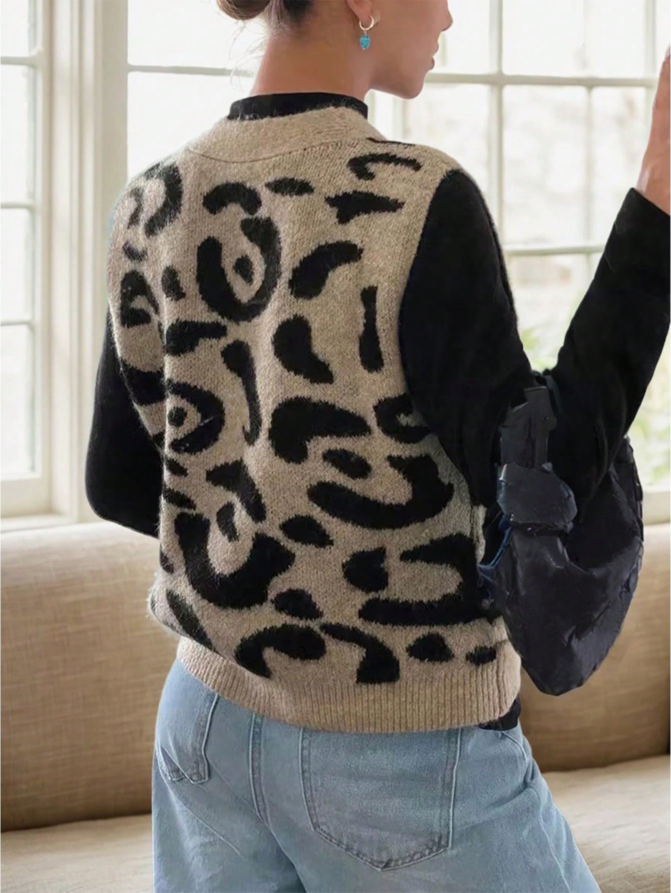 Women's Leopard Print Knit Cardigan Vest with Gold Buttons