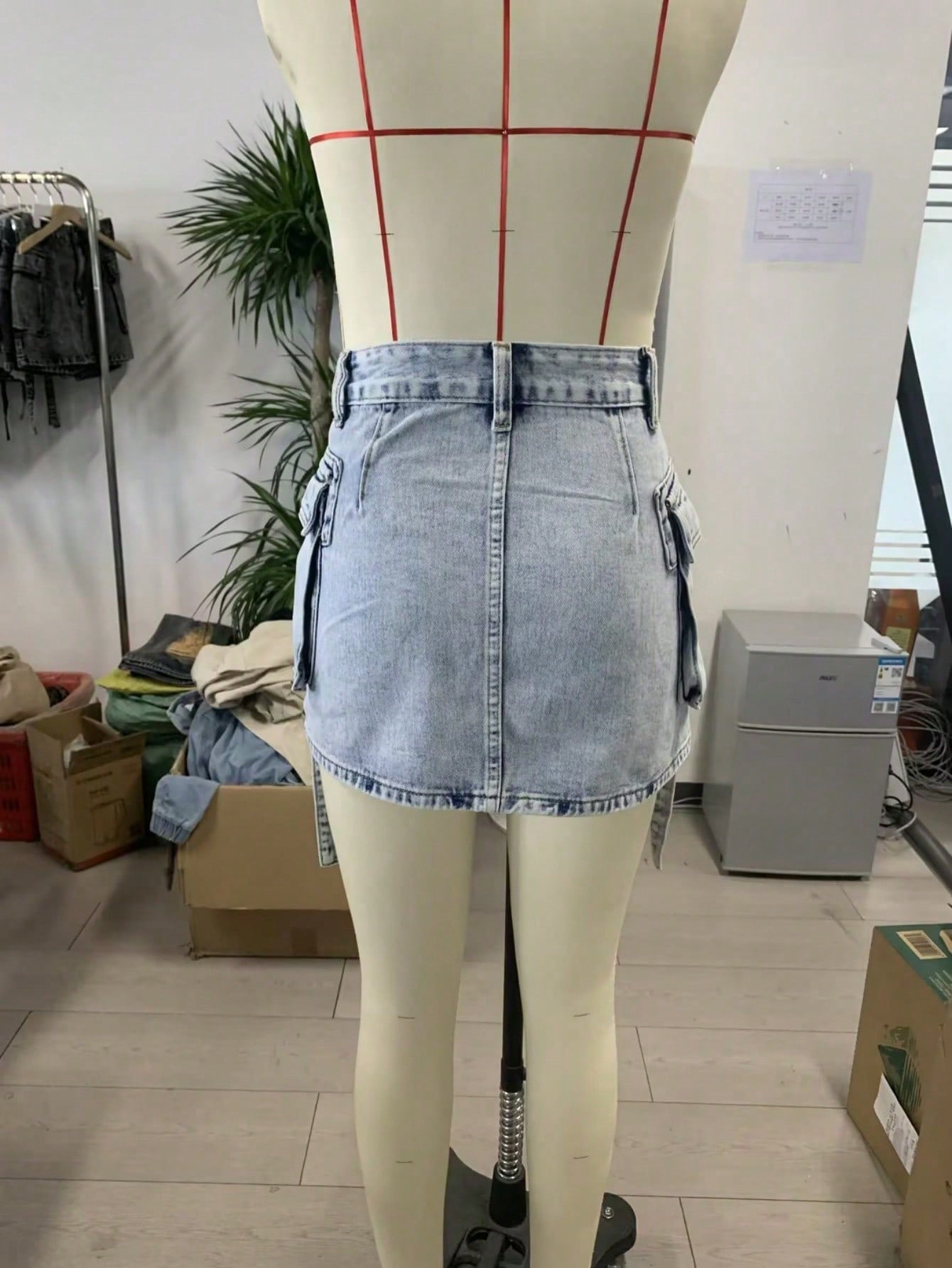 Women's Acid Wash Light Blue Denim Mini Cargo Skirt with Tie Detail