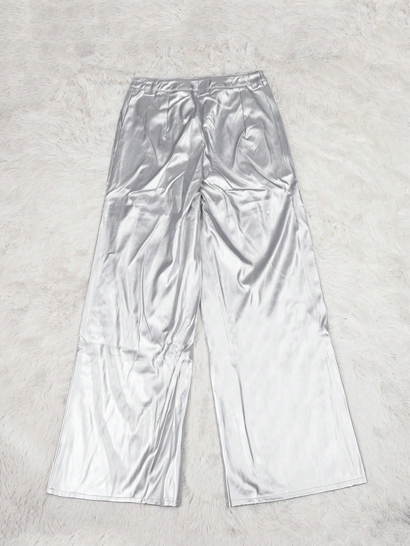 Women's Silver Metallic PU Leather High Waisted Wide Leg Pants