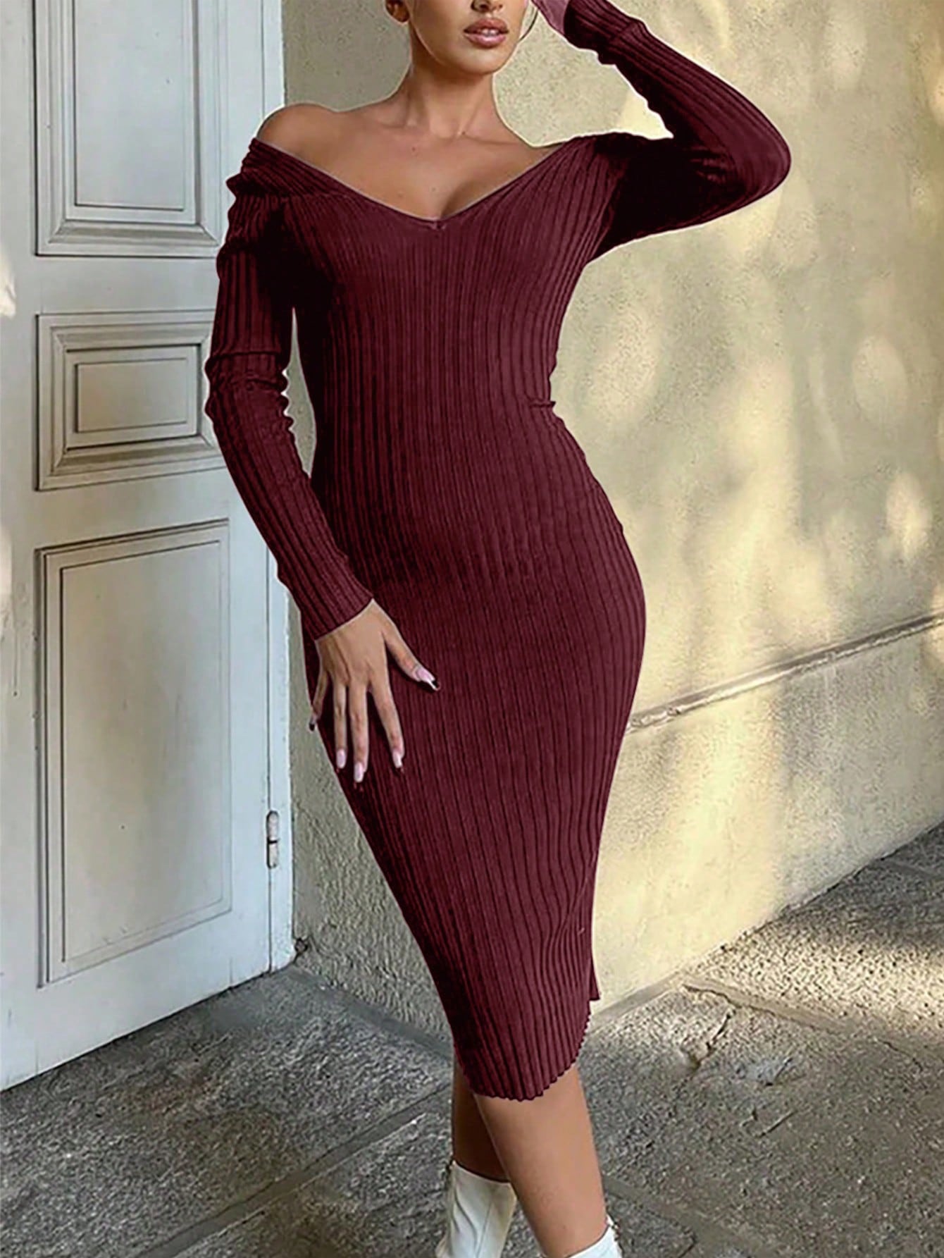 Women's Wine Red Ribbed Knit Midi bodycon dress with sleeveless