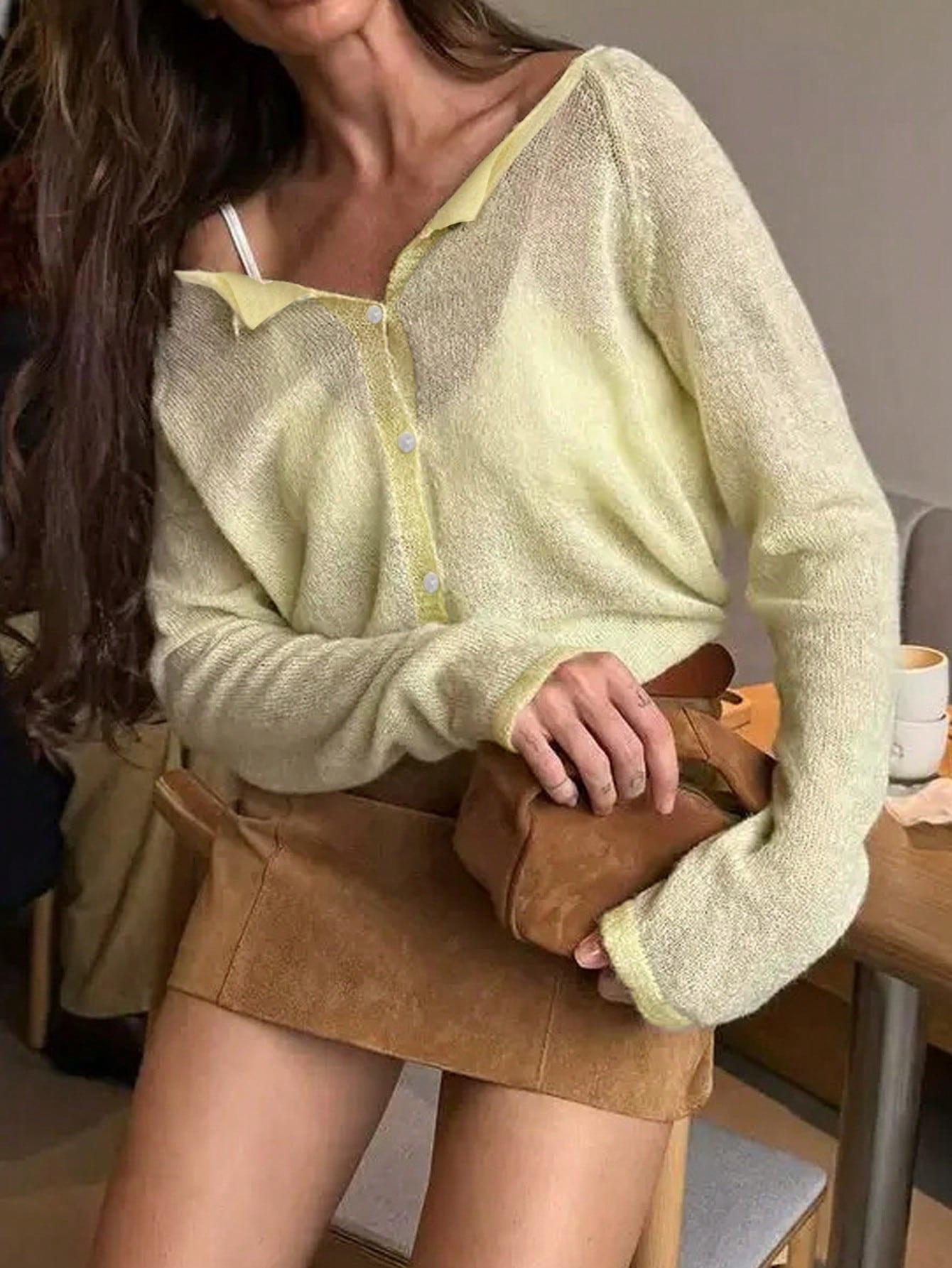 Women's Yellow Acrylic Blend V-Neck Knit Vest with Ribbed Trim