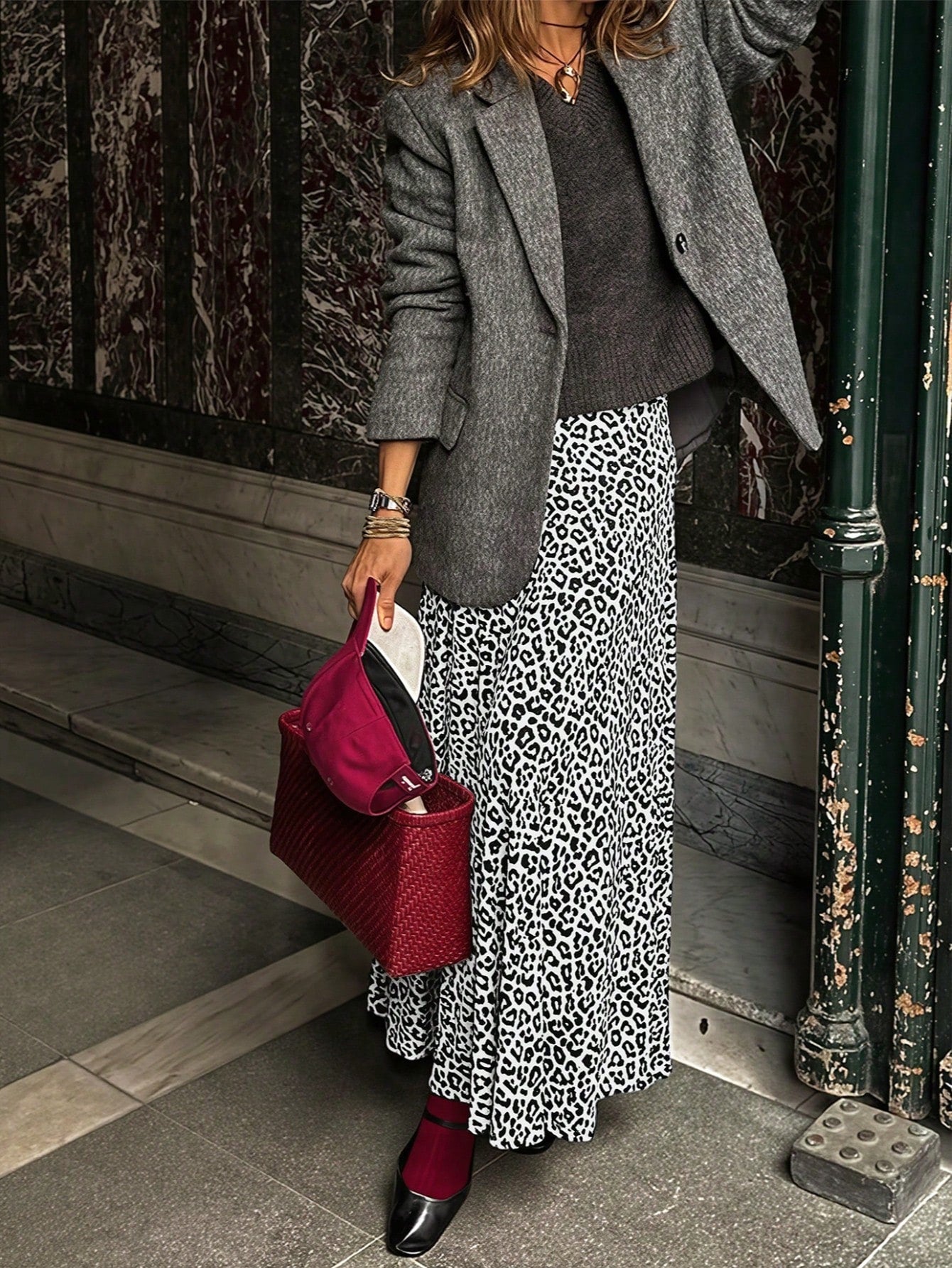Women's Black and White Leopard Print High Waist Maxi Skirt