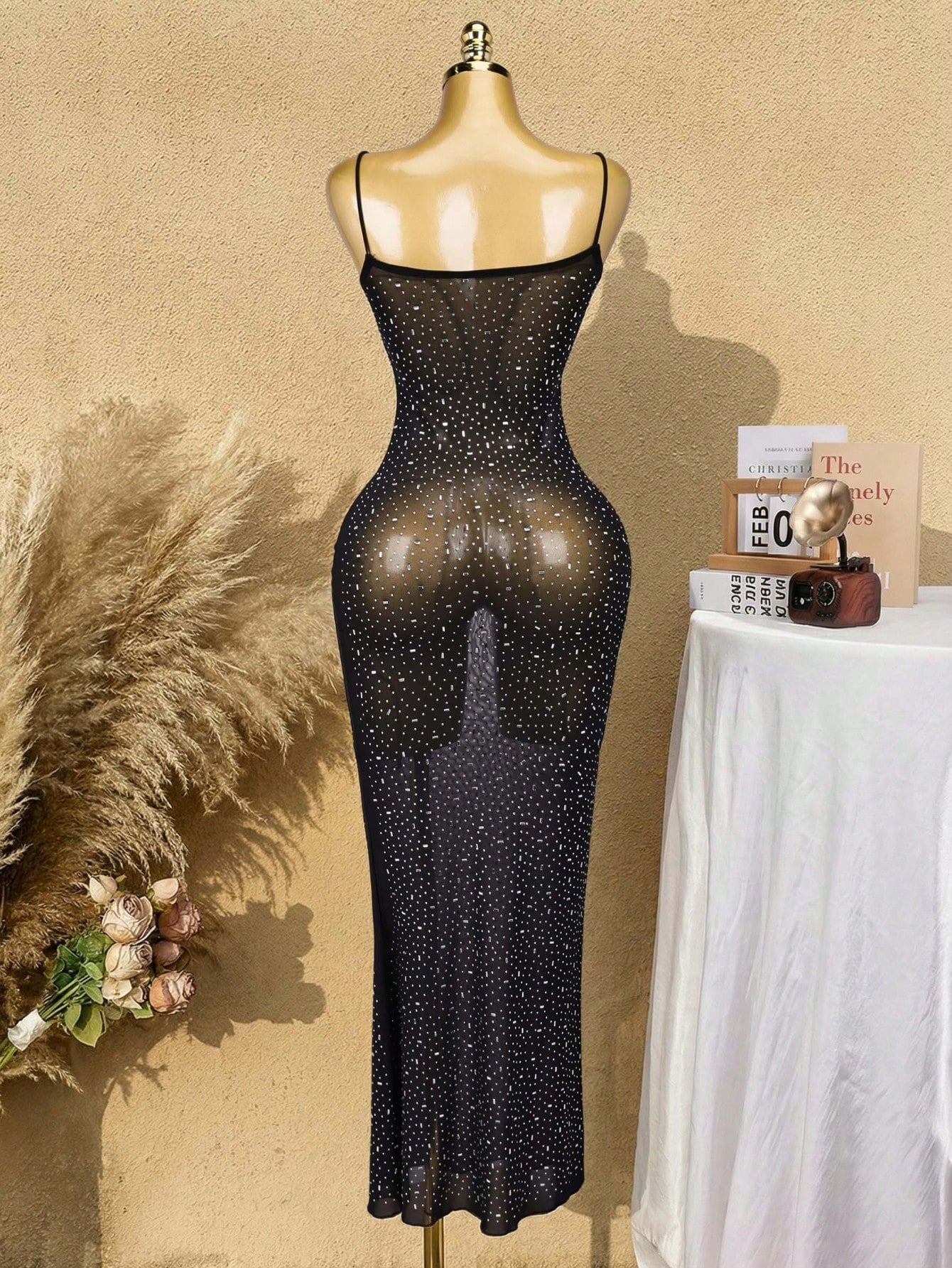 Women's Black Sheer Mesh Rhinestone Bodycon Maxi Dress with Spaghetti Straps