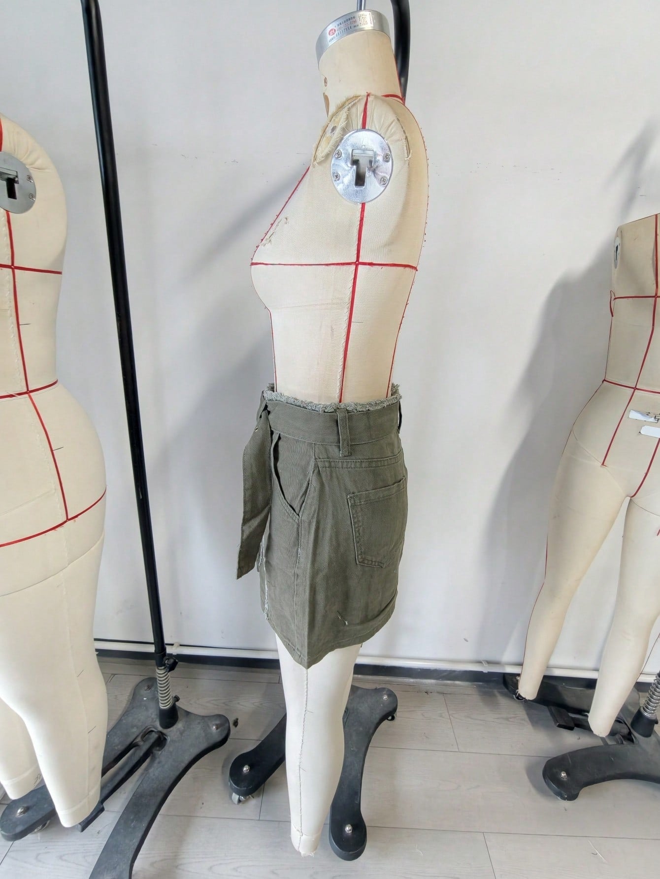 Women's Army Green Denim Mini Skirt with Front Slit