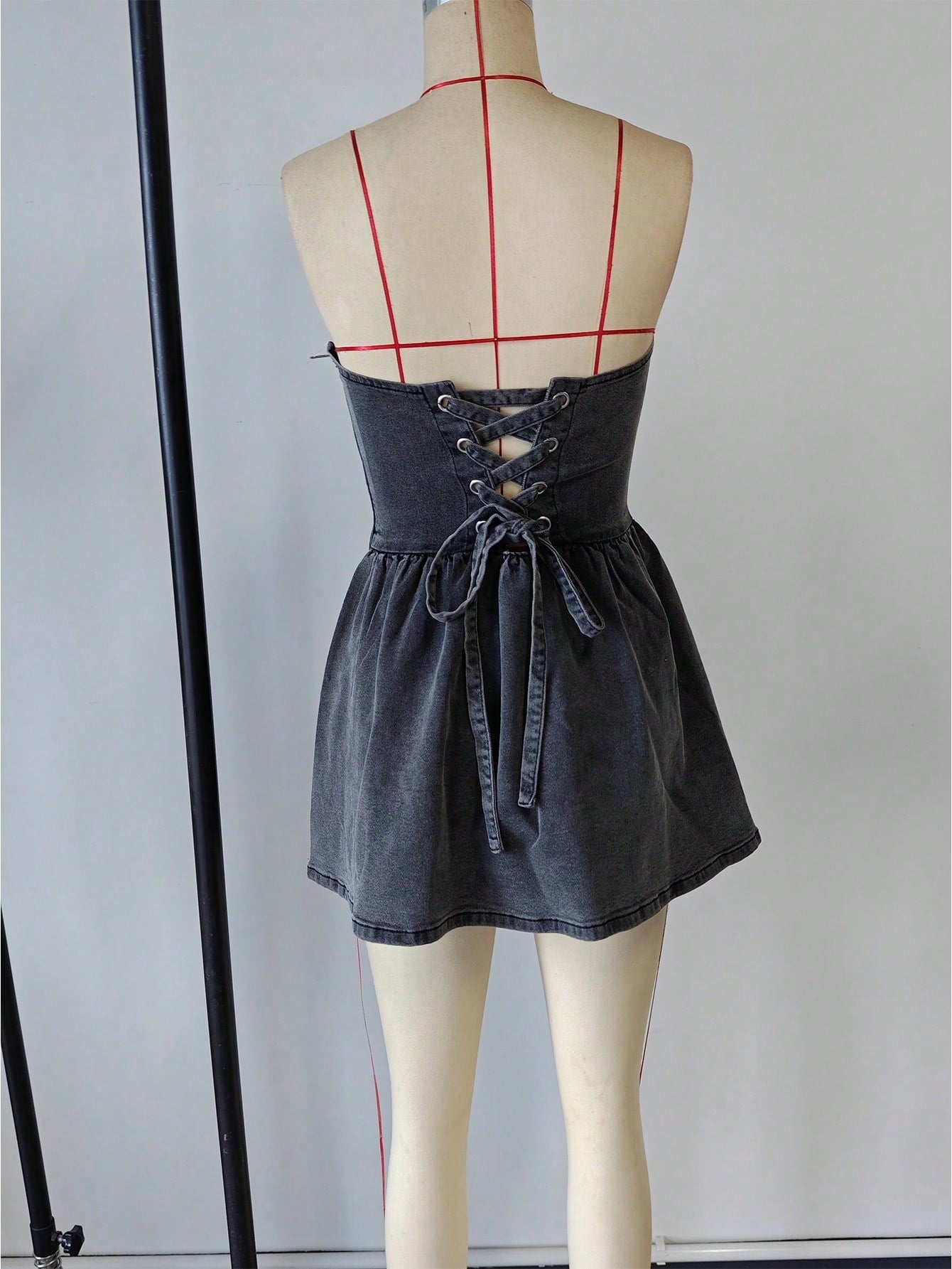 Women's Black Cotton Blend Strapless Flared Denim Mini Dress
