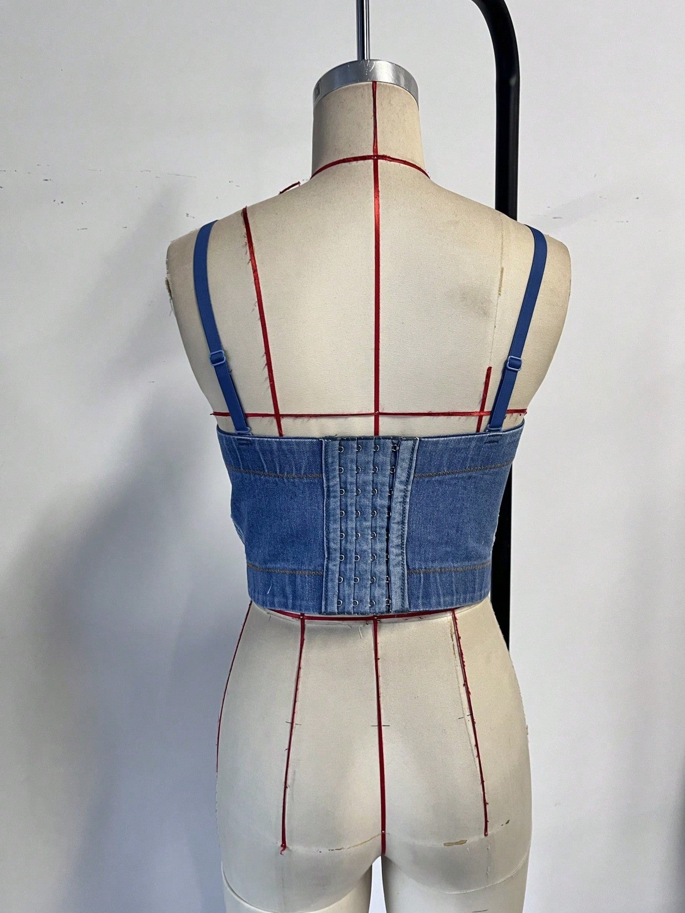 Women's Denim Blue Rhinestone Crystal Fringe Sweetheart Corset Crop Top