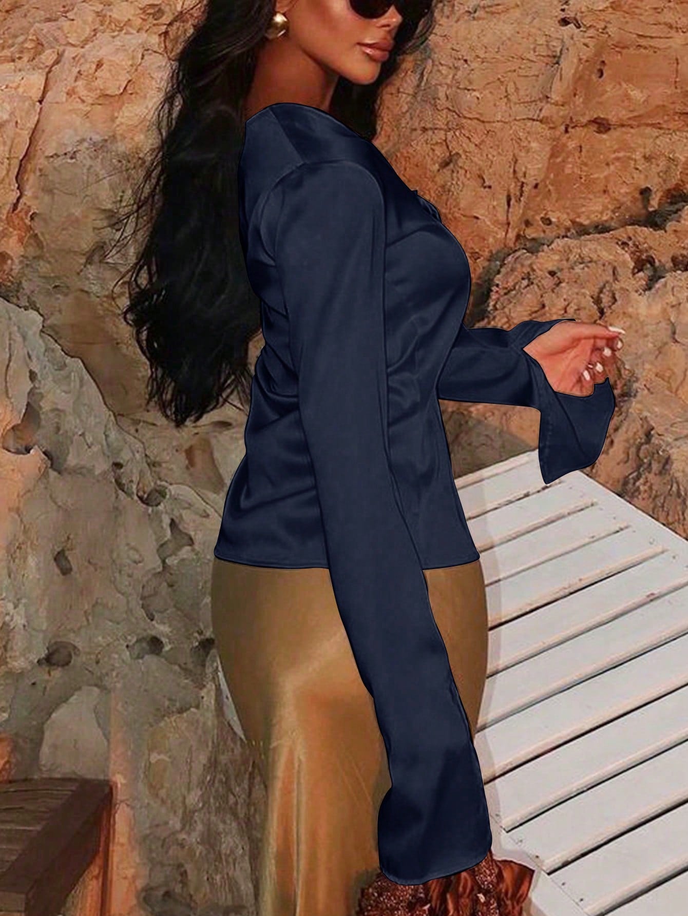 Women Satin Lace Up Deep V Neck Long Sleeve Slim Fit Blouse